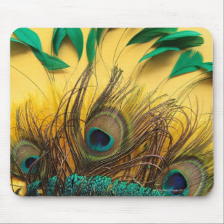 Many different kinds of feathers on a yellow mouse pad