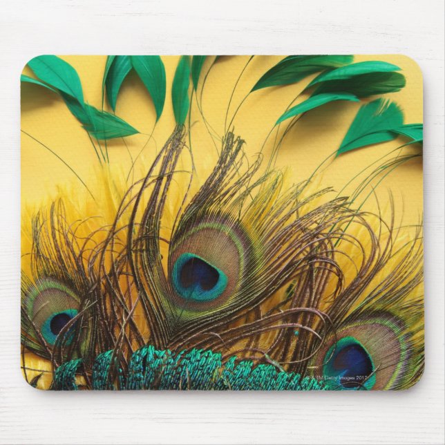 Many different kinds of feathers on a yellow mouse pad (Front)