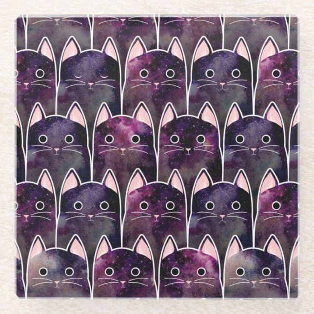 Many Galaxy Cats Pattern Glass Coaster (Front)