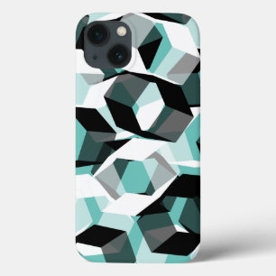 Many hexagons with colourless parts, on light teal iPhone 13 case