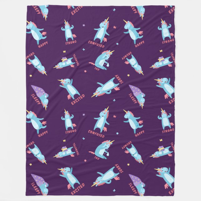 Many Moods of a Pink, Blue, and Purple Unicorn Fleece Blanket (Front)