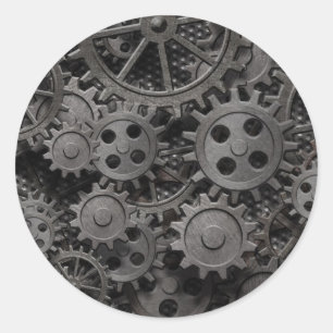 Many old rusty metal gears or machine parts classic round sticker