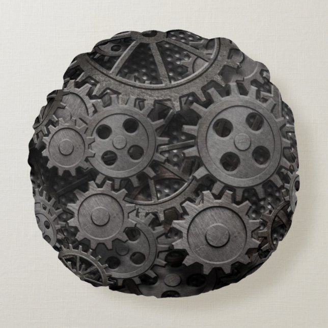 Many old rusty metal gears or machine parts round pillow (Front)