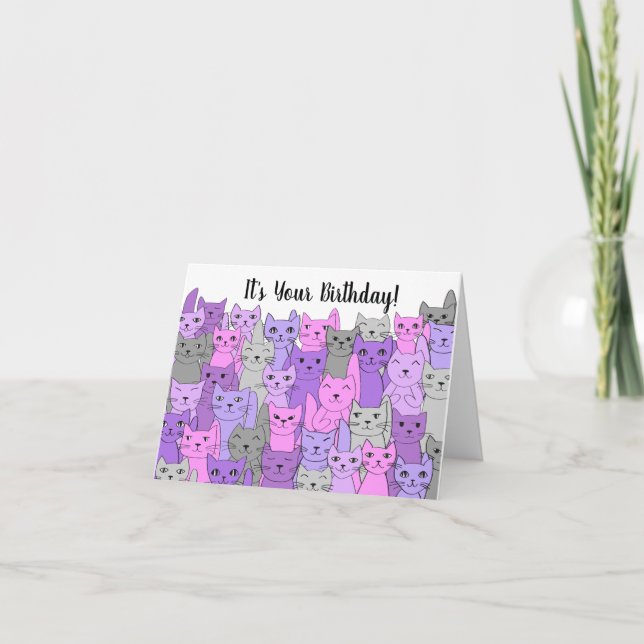 Many Purple and Pink Cats Birthday Card (Front)