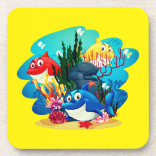 Many Sharks Underwater Cartoon-23986 Coaster
