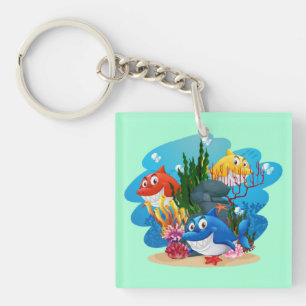 Many Sharks Underwater Cartoon-23986 Keychain