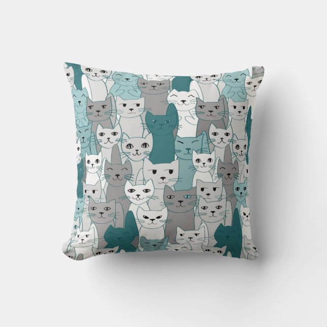 Many Teal Grey White Cats Design Throw Pillow (Front)