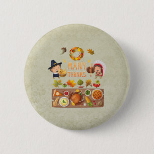 Many Thanks Pilgrim And Native Thanksgiving Feast 2 Inch Round Button