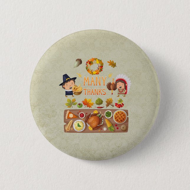 Many Thanks Pilgrim And Native Thanksgiving Feast 2 Inch Round Button (Front)