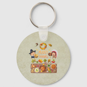 Many Thanks Pilgrim And Native Thanksgiving Feast Keychain
