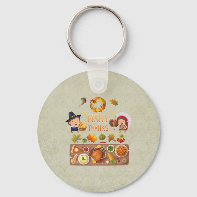Many Thanks Pilgrim And Native Thanksgiving Feast Keychain (Front)