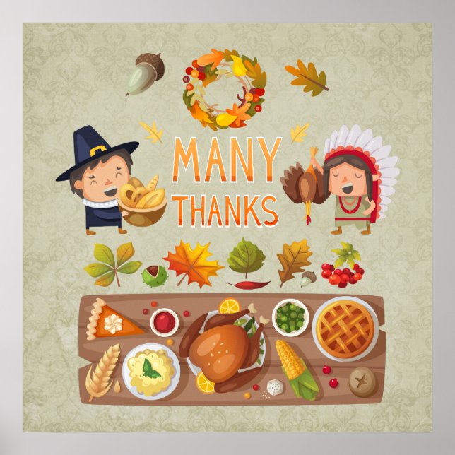 Many Thanks Pilgrim And Native Thanksgiving Feast Poster (Front)