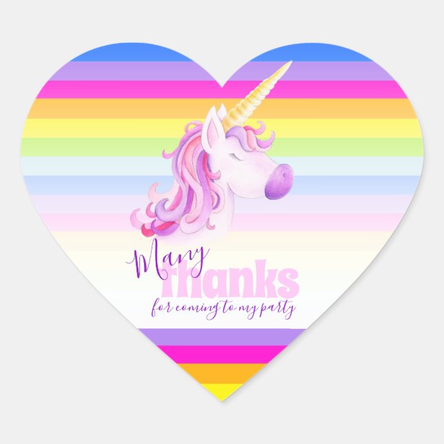 Many thanks unicorn rainbow party stickers (Front)