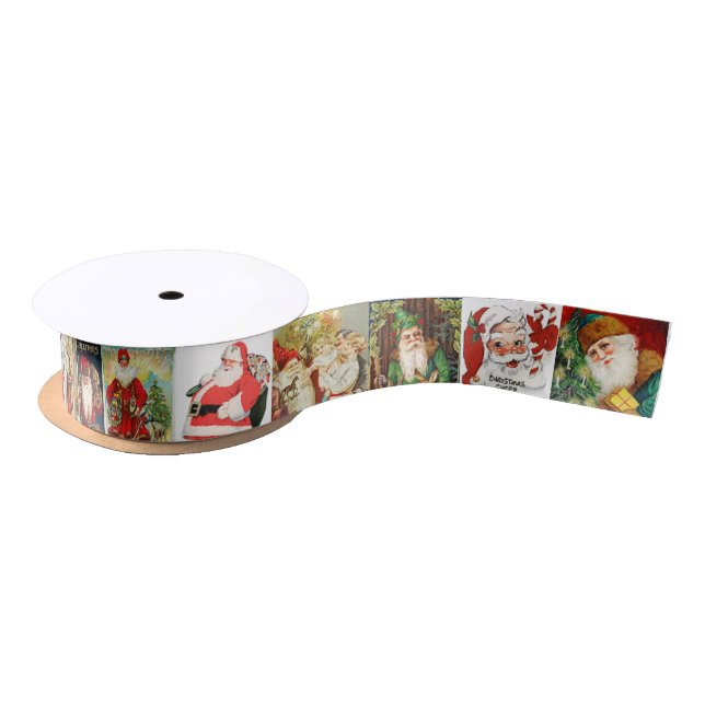 Many Vintage Santas Christmas Gift Satin Ribbon (Spool)