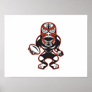 Maori Mask Rugby Player Running With Ball Fending Poster