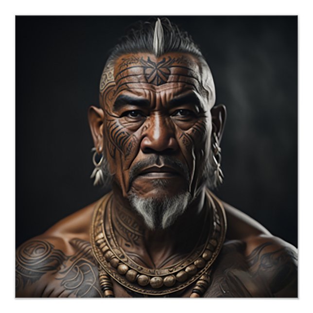 Maori Warrior Chief with Face Tattoos Poster (Front)