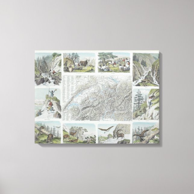 Map and Vignettes of Swiss Alps Canvas Print (Front)