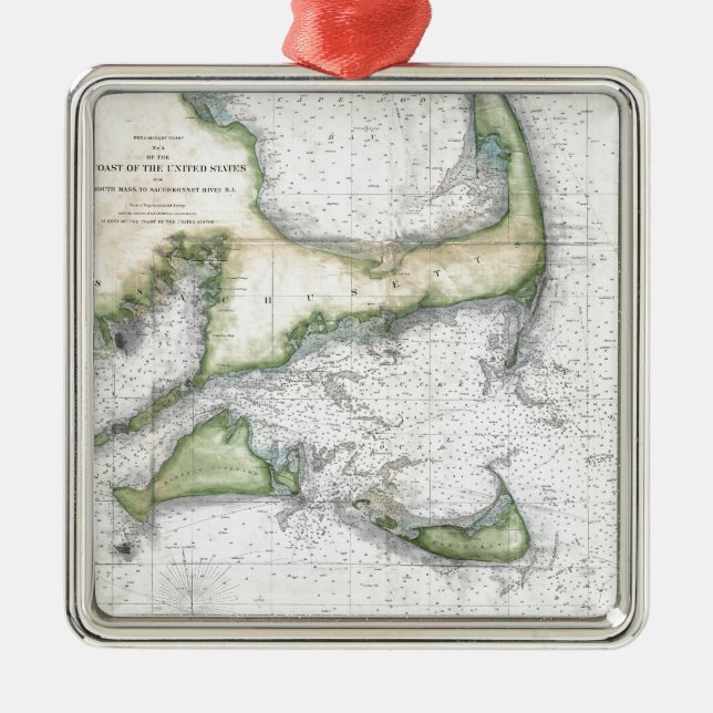 Map Cape Cod, Nantucket, Martha's Vineyard Metal Ornament (Front)