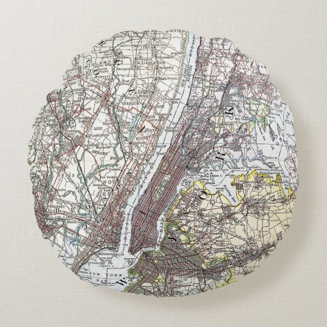 Map: New York Area, 1906 Round Pillow (Front)