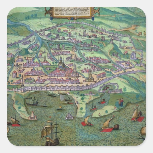 Map of Alexandria, from 'Civitates Orbis Terrarum' Square Sticker (Front)