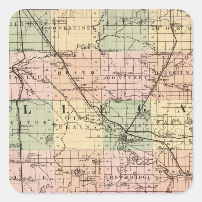 Map of Allegan County, Michigan Square Sticker (Front)