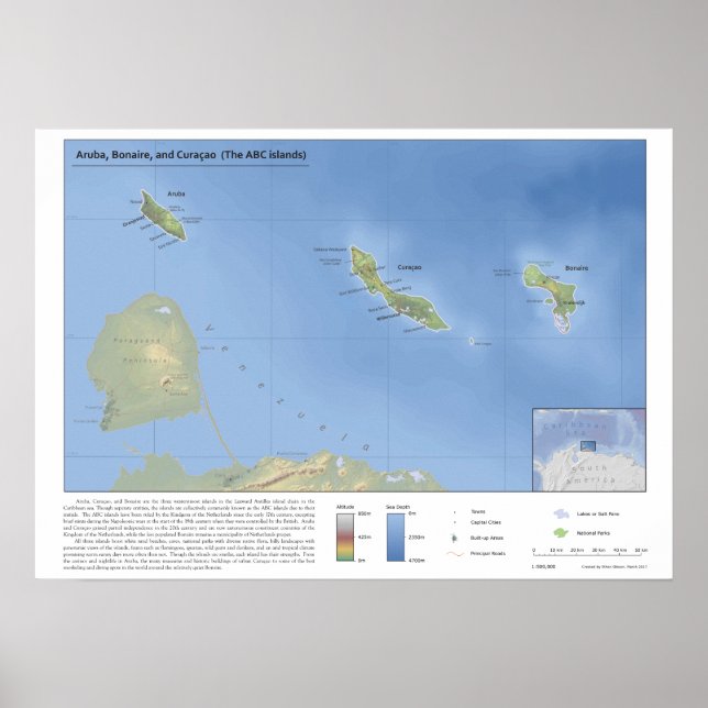 Map of Aruba, Bonaire, and Curaçao 1:500,000 Poster (Front)