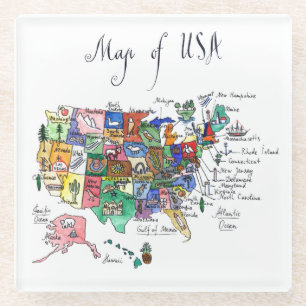 Map of Attractions of United States of America Glass Coaster