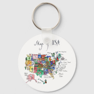 Map of Attractions of United States of America Keychain