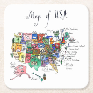 Map of Attractions of United States of America Square Paper Coaster