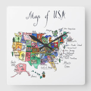 Map of Attractions of United States of America Square Wall Clock