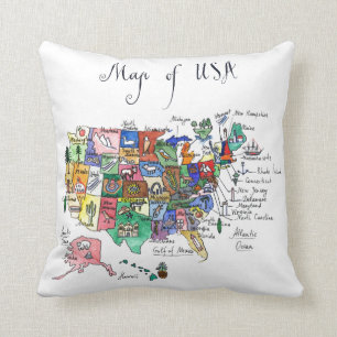 Map of Attractions of United States of America Throw Pillow