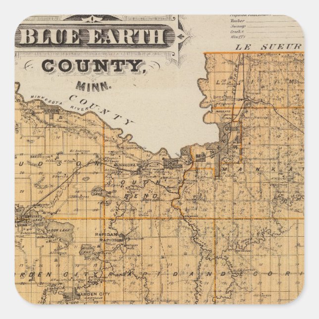 Map of Blue Earth County, Minnesota Square Sticker (Front)