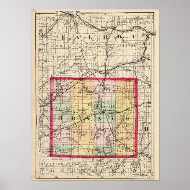 Map of Branch County, Michigan Poster (Front)