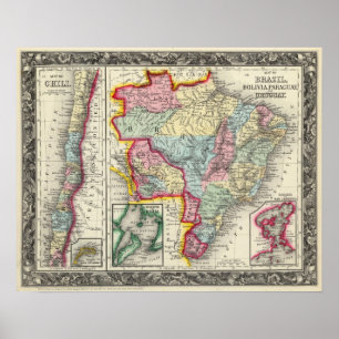 Map Of Brazil, Bolivia, Paraguay, And Uruguay Poster