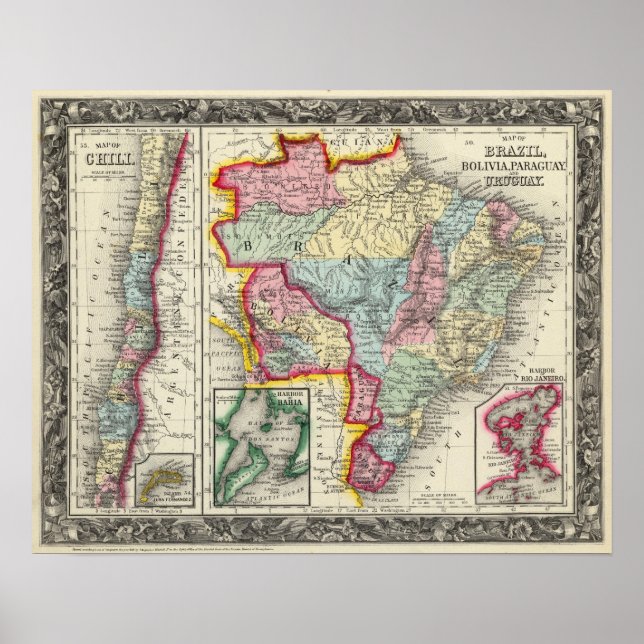 Map Of Brazil, Bolivia, Paraguay, And Uruguay Poster (Front)