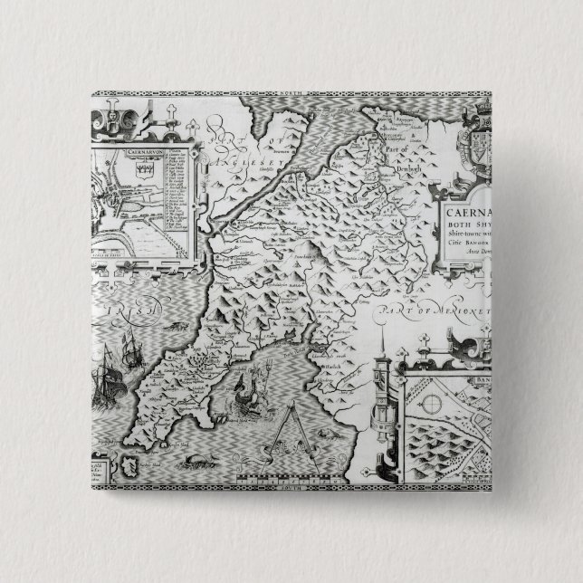 Map of Caernarvon, 1616 2 Inch Square Button (Front)