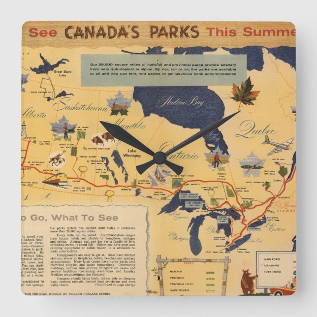 Map of Canada - Canada's Parks Square Wall Clock (Front)