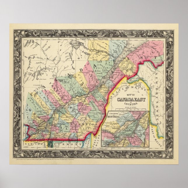 Map Of Canada East In Counties Poster (Front)