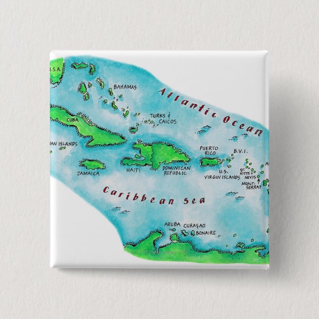 Map of Caribbean Islands 2 Inch Square Button (Front)