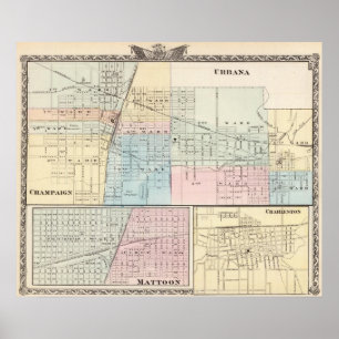 Map of Champaign, Urbana, Mattoon and Charleston Poster