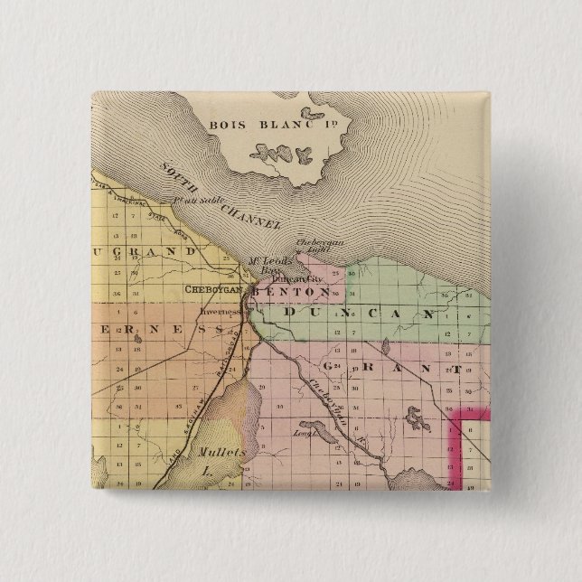 Map of Cheboygan County, Michigan 2 Inch Square Button (Front)
