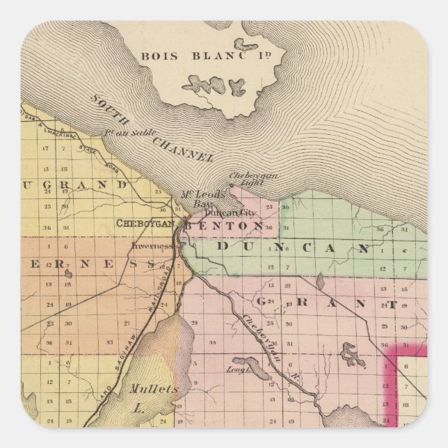 Map of Cheboygan County, Michigan Square Sticker (Front)