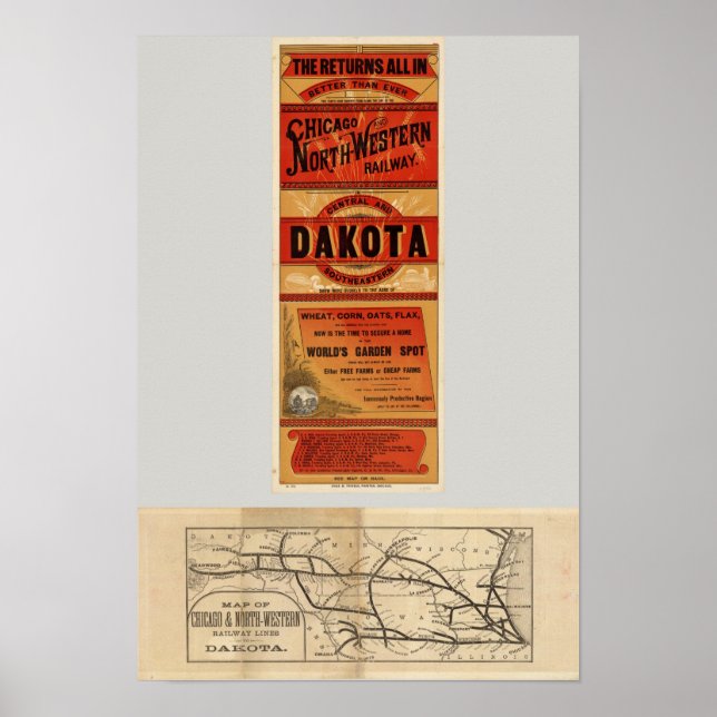 Map Of Chicago and Northwestern Railway Lines Poster (Front)