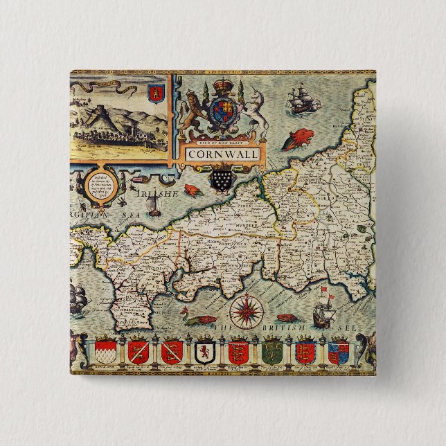 Map of Cornwall 2 Inch Square Button (Front)