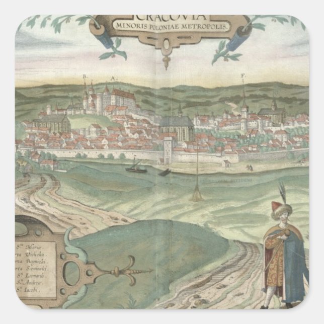 Map of Cracow, from 'Civitates Orbis Terrarum' by Square Sticker (Front)