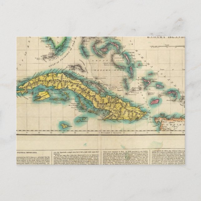 Map Of Cuba And The Bahama Islands Postcard (Front)