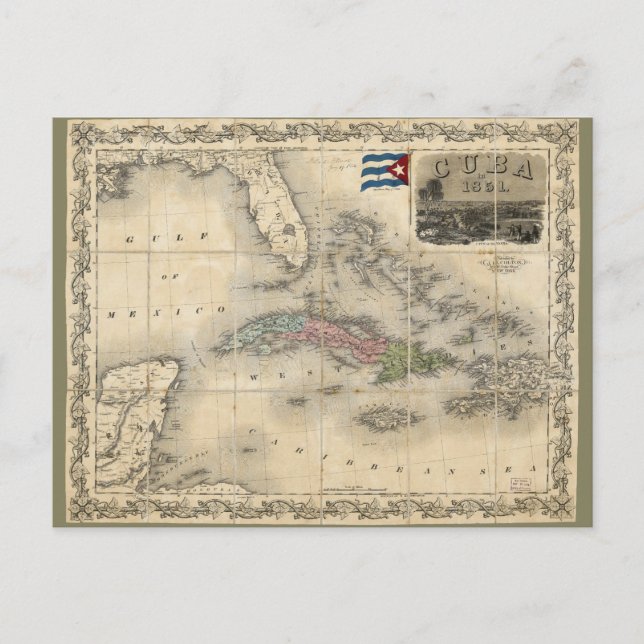 Map of Cuba by J.H. Colton (1851) Postcard (Front)