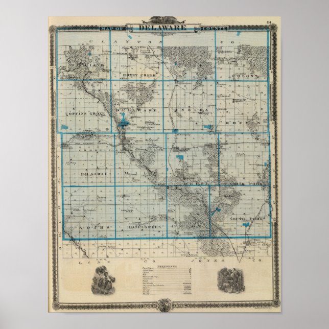 Map of Delaware County, State of Iowa Poster (Front)