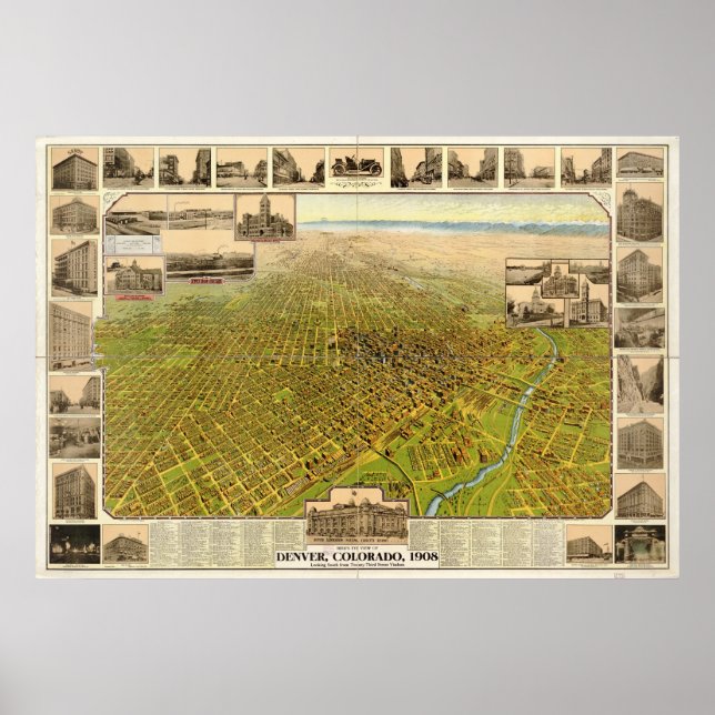 Map of Denver, Birds-Eye View, 1908 Poster (Front)