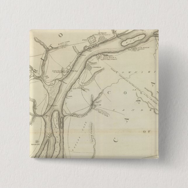 Map of Detroit River 2 Inch Square Button (Front)